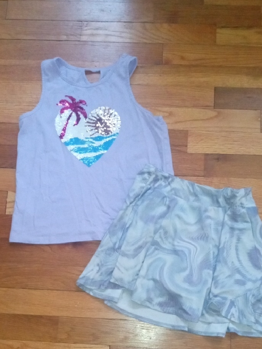 girl large sequin tank, with purple gray marble drifit tennis skort
